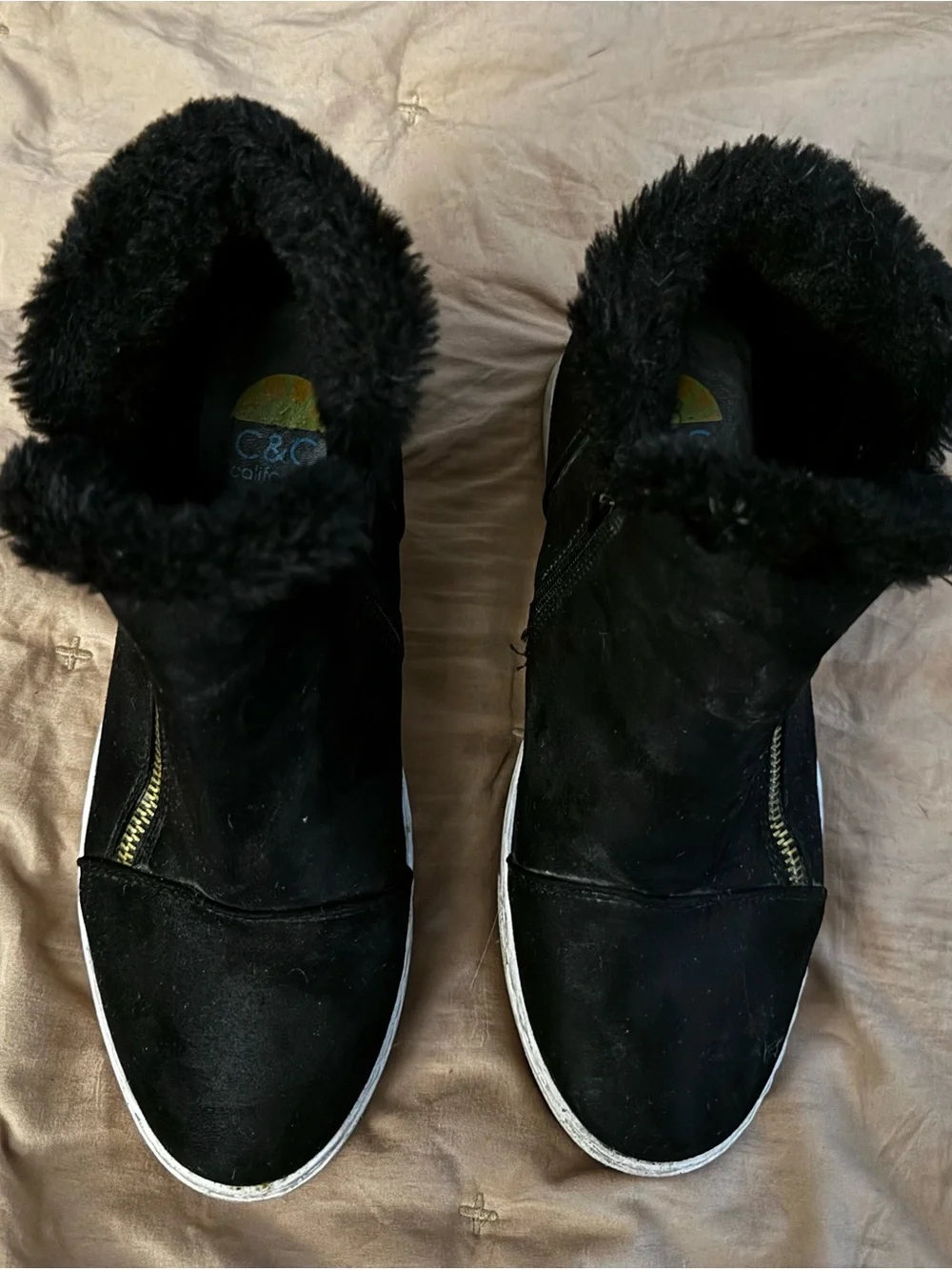 C&C California Black Faux Fur-Lined Ankle Zip Boots